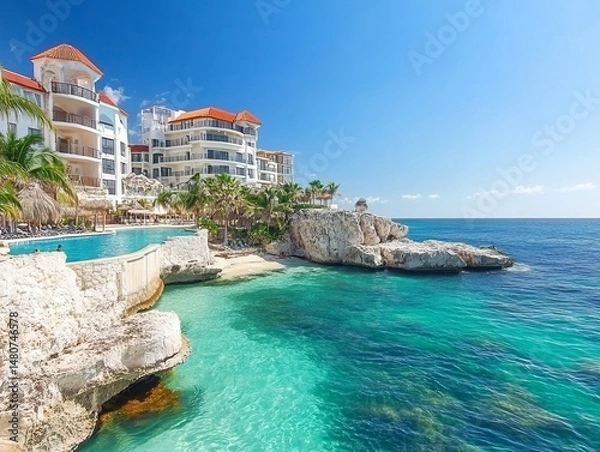 Obraz Coastal Luxury: Oceanfront property with turquoise water and modern architecture.