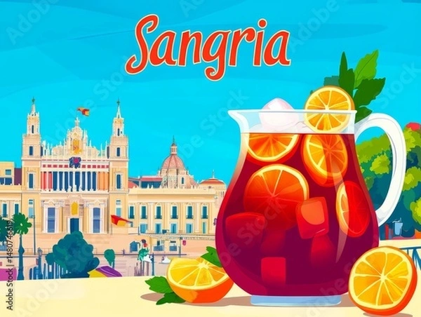 Obraz Chilled Pitcher of Sangria: A refreshing drink set against a picturesque cityscape.
