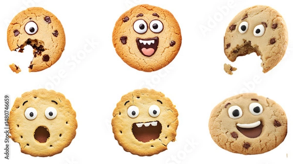 Fototapeta Set of cartoon chocolate cookies with expression isolated on transparent background.