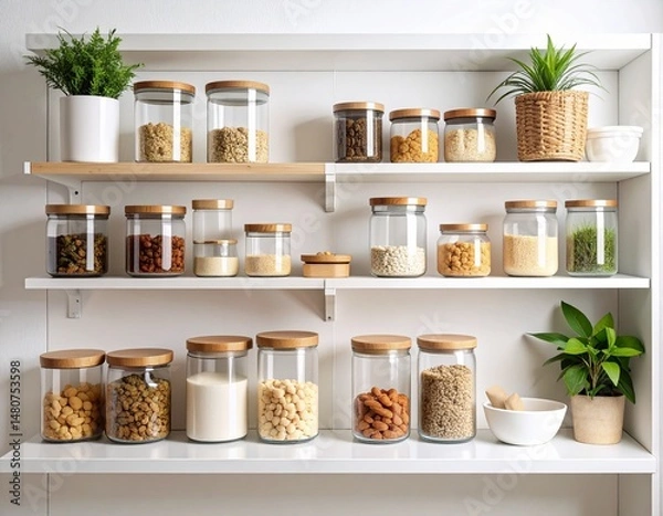 Obraz Organized pantry scene with matching glass containers, bamboo lids, labeled in minima