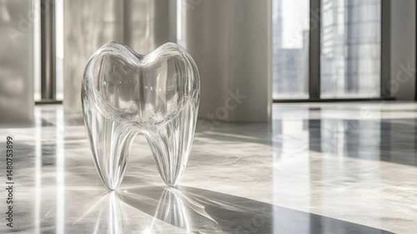 Obraz Clear glass tooth sculpture displayed on polished marble floor in a modern space with natural light during the day
