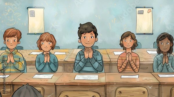 Fototapeta Illustration of diverse students sitting at desks with hands clasped in front of them in a classroom .