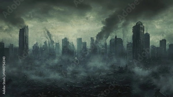 Fototapeta Dystopian city skyline shrouded in smoke and debris during an apocalyptic event at dusk