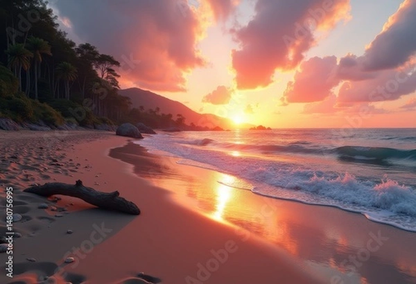Fototapeta unique sand patterns sunset beach coastline artistry natural textures tranquility waves reflection scenic shoreline, nature, dune, sea, landscape, scenery