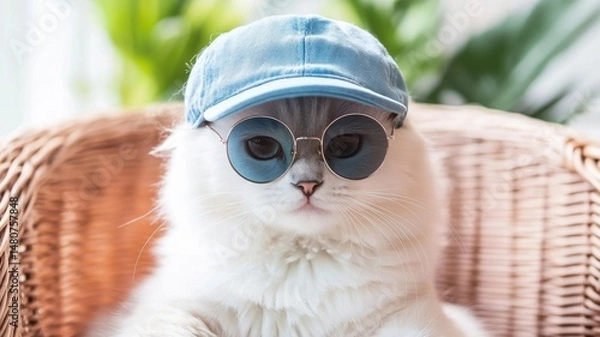 Obraz Cat wearing sunglasses and a cap enjoys sunny day in cozy indoor setting