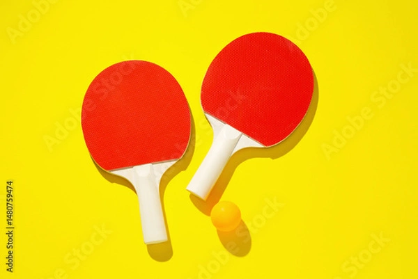 Fototapeta Ping pong rackets and ball on yellow background, top view