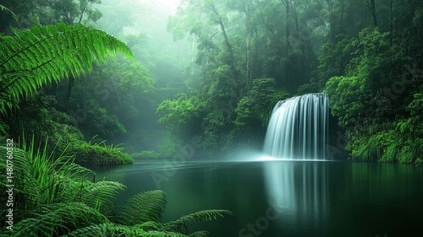 Obraz Serene waterfall cascading into a tranquil forest pool surrounded by lush greenery in early morning light