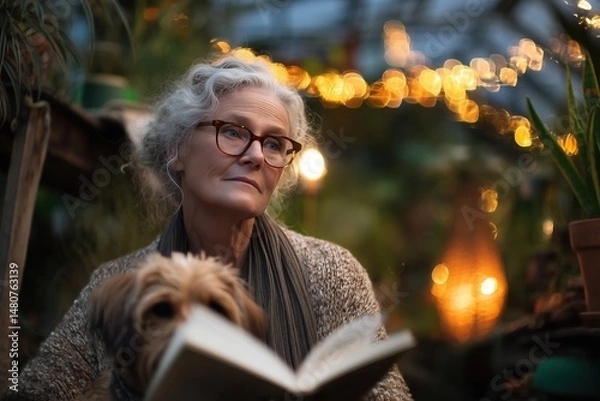 Fototapeta Serene Senior Woman Reading Book with Dog in Greenhouse, enjoying peaceful evening amidst plants and warm lights.