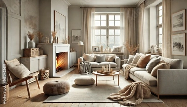 Obraz Scandinavian Style Living Room With Fireplace and Natural Light