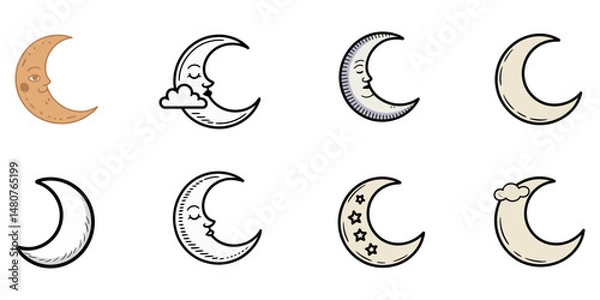 Obraz outline silhouette crescent moon icon set isolated on white background, Hand drawn sun and crescent moon with a face design element set, Moon Phase icon vector set. Mystic Celestial illustration sign 