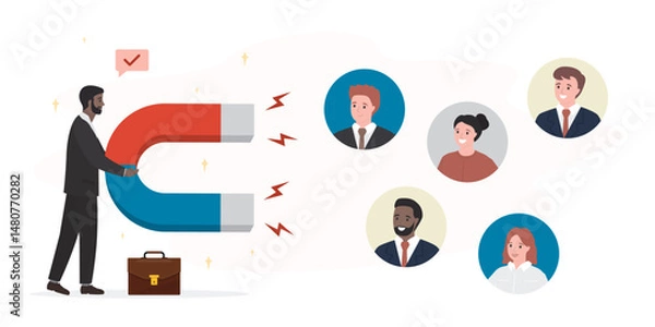 Fototapeta Customer acquisition. Process of bringing in new customers or clients for business. Way to acquire customers. Businessman uses magnet to attract audience interest.