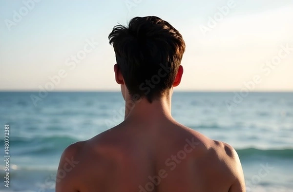 Fototapeta The back of a young man with dark hair, looking at the sea in the setting sun. Copy space. Thoughtfulness and dreaminess feelings. Vacation concept