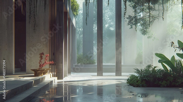 Fototapeta A serene courtyard with water reflections, plants, and architectural elements in soft light and fog .