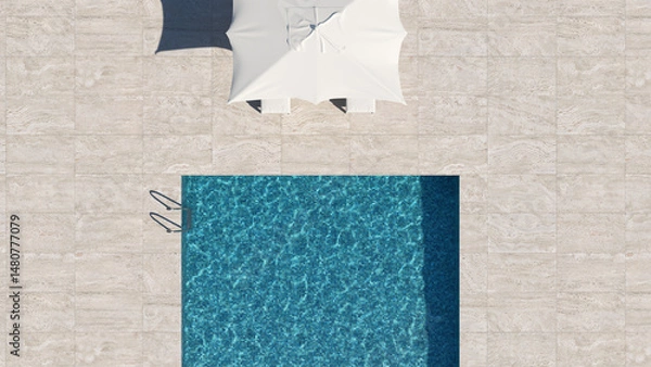 Fototapeta Luxury pool deck at a resort spa featuring blue mosaic water, travertine tiles, and a white umbrella, shown in a top-down layout for architecture, vacation, and tile design marketing.