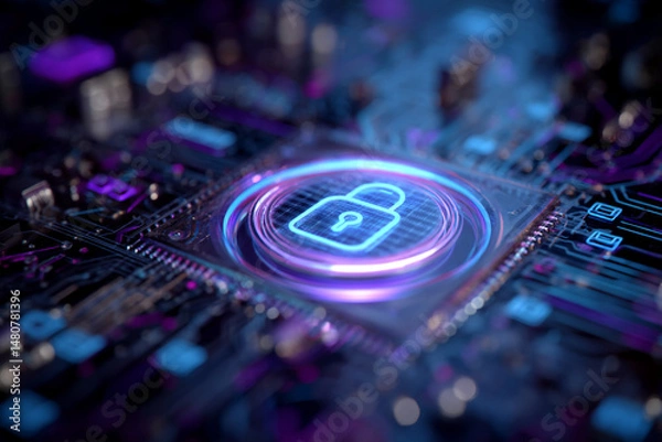 Obraz Cybersecurity concept image showcasing a glowing padlock icon on a circuit board, symbolizing digital protection and data security