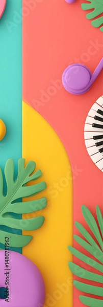 Obraz World Music Day illustration with musical keyboard. Vibrant illustration with wind instrument and guitar.