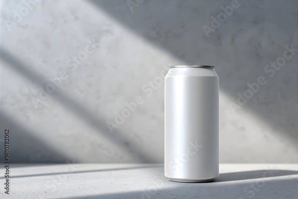 Obraz White empty metal can near concrete wall. Drink package mock up. Good for juice, beer, soda design.	