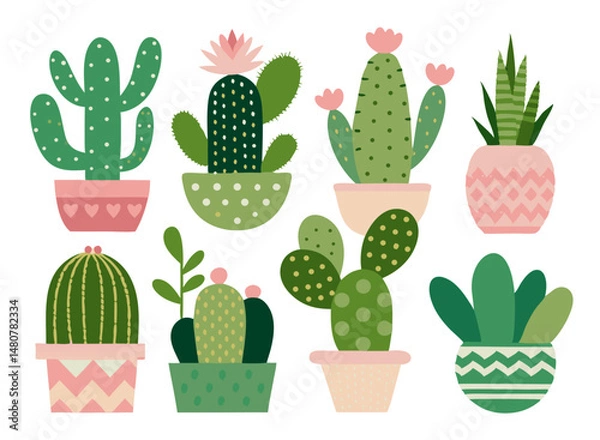 Obraz Potted Cactus Vector – Hand Drawn Cartoon Succulent Set

