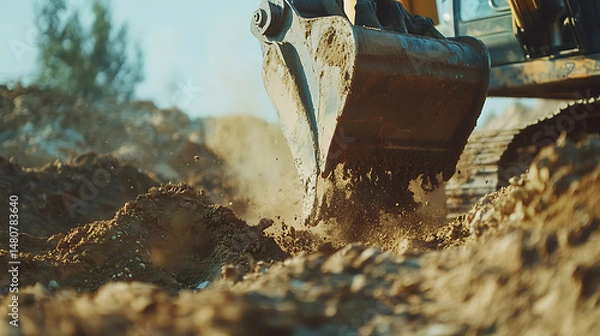 Fototapeta Excavator Digging Soil at Construction Site