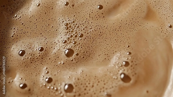 Fototapeta Macro image of cappuccino froth reflective tiny bubbles on light surface gradient