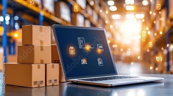 Obraz Modern inventory management system using laptop in warehouse setting
