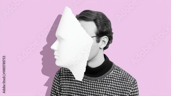 Obraz Surreal portrait of a man with fragmented face mask on pastel background