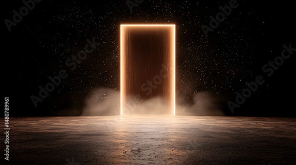 Fototapeta A glowing rectangular portal stands on a reflective floor with atmospheric dust and fog effect.