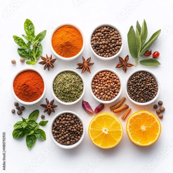 Obraz A colorful array of aromatic spices and fresh herbs are displayed beautifully on a white surface.