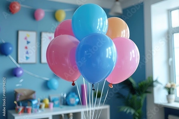 Obraz Colorful balloons are clustered together inside a brightly lit room
