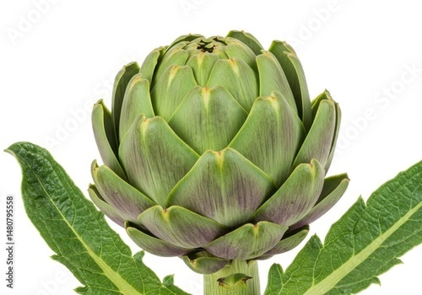 Fototapeta Close up of a fresh green artichoke with leaves against a white background