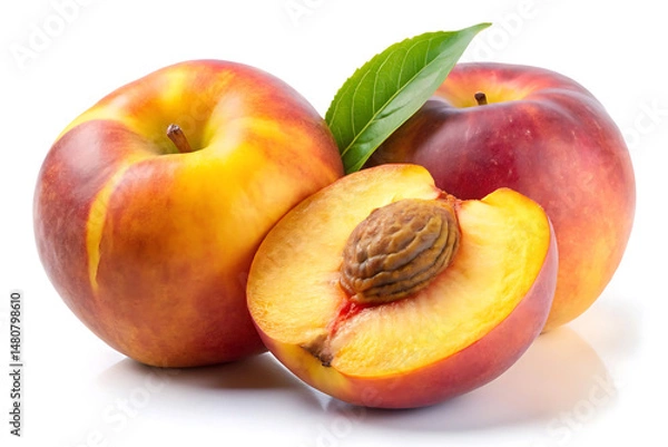 Obraz whole peach fruit with slice image isolated on white background