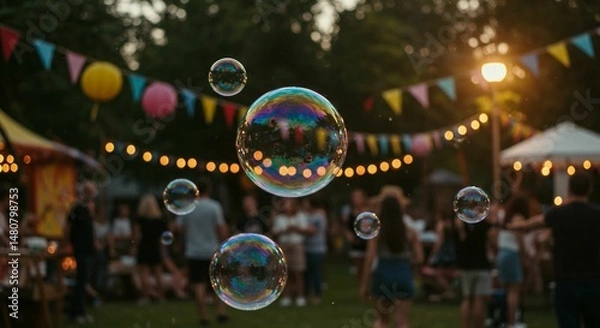 Obraz AI-generated colorful bubbles float at an outdoor festival