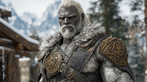 Obraz A stern, muscular man with long white hair and a beard, wearing ornate armor and fur, stands before a snowy mountain cabin