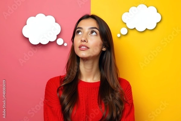 Obraz Pensive brunette under thought bubbles ponders options