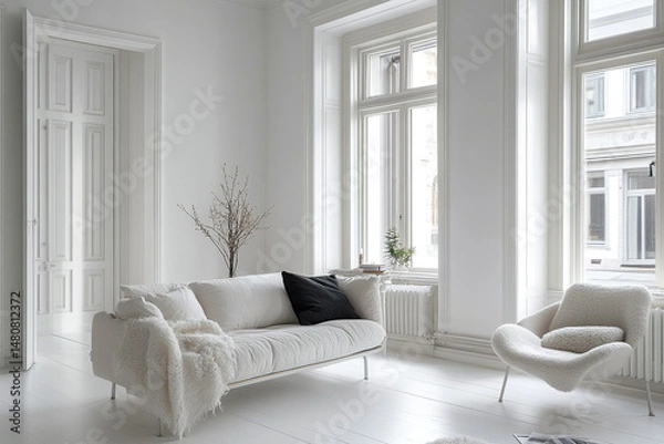 Fototapeta A contemporary living room boasts a fireplace, Christmas tree, and luxurious furniture, creating a warm and inviting home interior