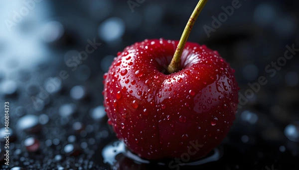 Fototapeta Close-Up of a Fresh Cherry With Water Droplets on Glossy Surface