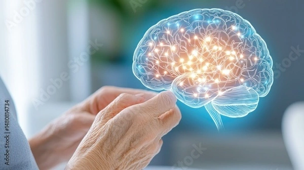 Obraz Holographic brain illustration with illuminated nodes and senior hands