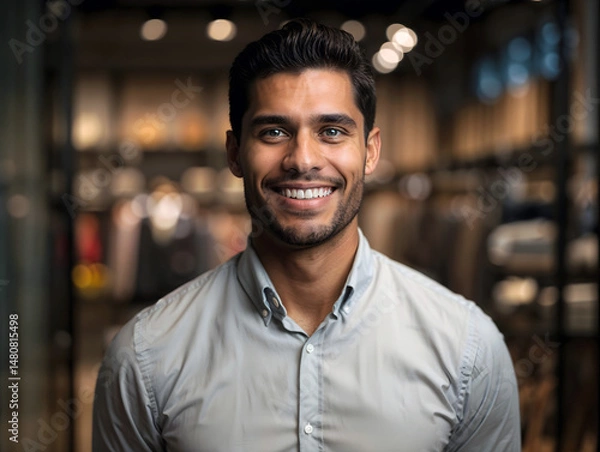 Obraz Latin Salesman Portrait with Blurred Shopping Mall Background – AI-Generated Image..