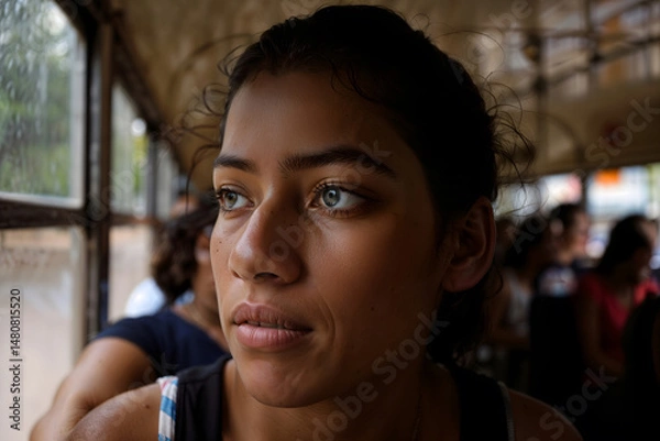 Fototapeta Simple and Sad Brazilian Woman in a Crowded Bus – AI-Generated Image..