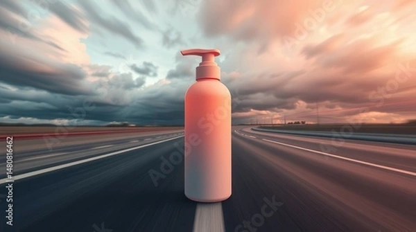 Fototapeta Empty Bottle on Highway Sunset.