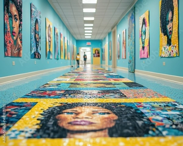 Obraz Colorful hallway adorned with mosaic art of faces