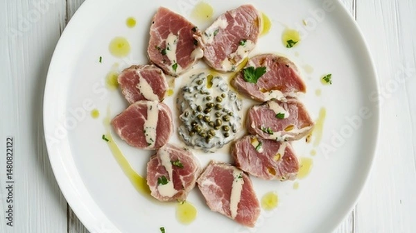 Fototapeta Top down view of Vitello Tonnato thinly sliced veal served creamy tuna and caper sauce arranged beautifully on a white plate Piedmontese delicacy from Italy cut out on isolated transparent background