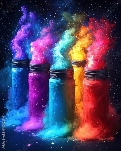 Fototapeta Colorful smoke plumes erupt from jars, creating a vibrant, cosmic scene against a dark background
