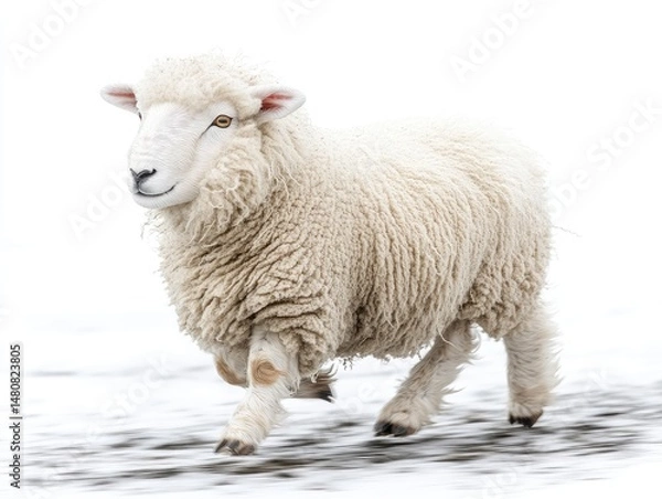 Fototapeta White sheep running in snow