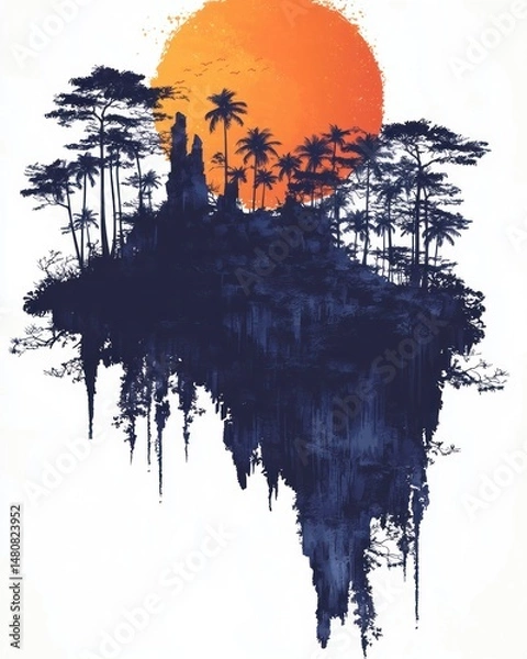 Obraz A floating island, silhouetted against a vibrant sunset, with lush tropical vegetation.  The island's edges drip dark hues, creating a surreal, dreamlike atmosphere