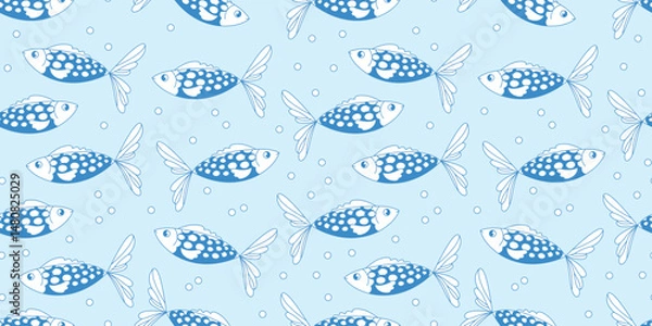 Fototapeta Cute children's seamless pattern. Vector illustration with hand-drawn fish. Pattern for textile design, wrapping paper, menu and printing, interior design. Calm soft blue and white colors.