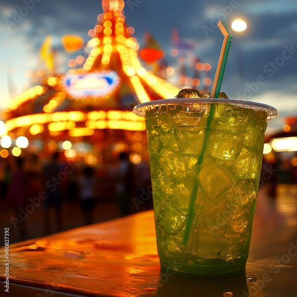 Fototapeta A green drink in a plastic cup with ice is on a table at night, with a blurry, illuminated amusement park in the background. Concept of refreshment at a fun park. For beverage promotions.