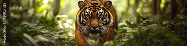 Fototapeta A tiger prowls through dense jungle foliage, staring intently ahead. Concept of wildlife and nature in harmony. For wildlife conservation awareness.