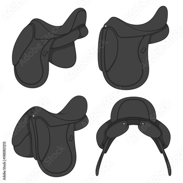 Obraz Set of color illustrations with black horse saddle. Isolated vector objects on white background.