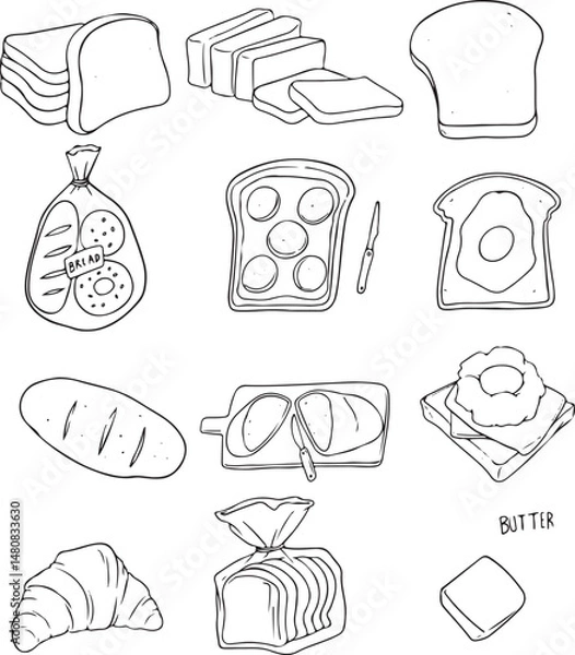 Fototapeta Hand-drawn vector set of various bread types and breakfast elements. Sliced bread, loaf, toast with egg, bread bag, croissant, butter, cutting board with bread and knife. Sketch style illustration.